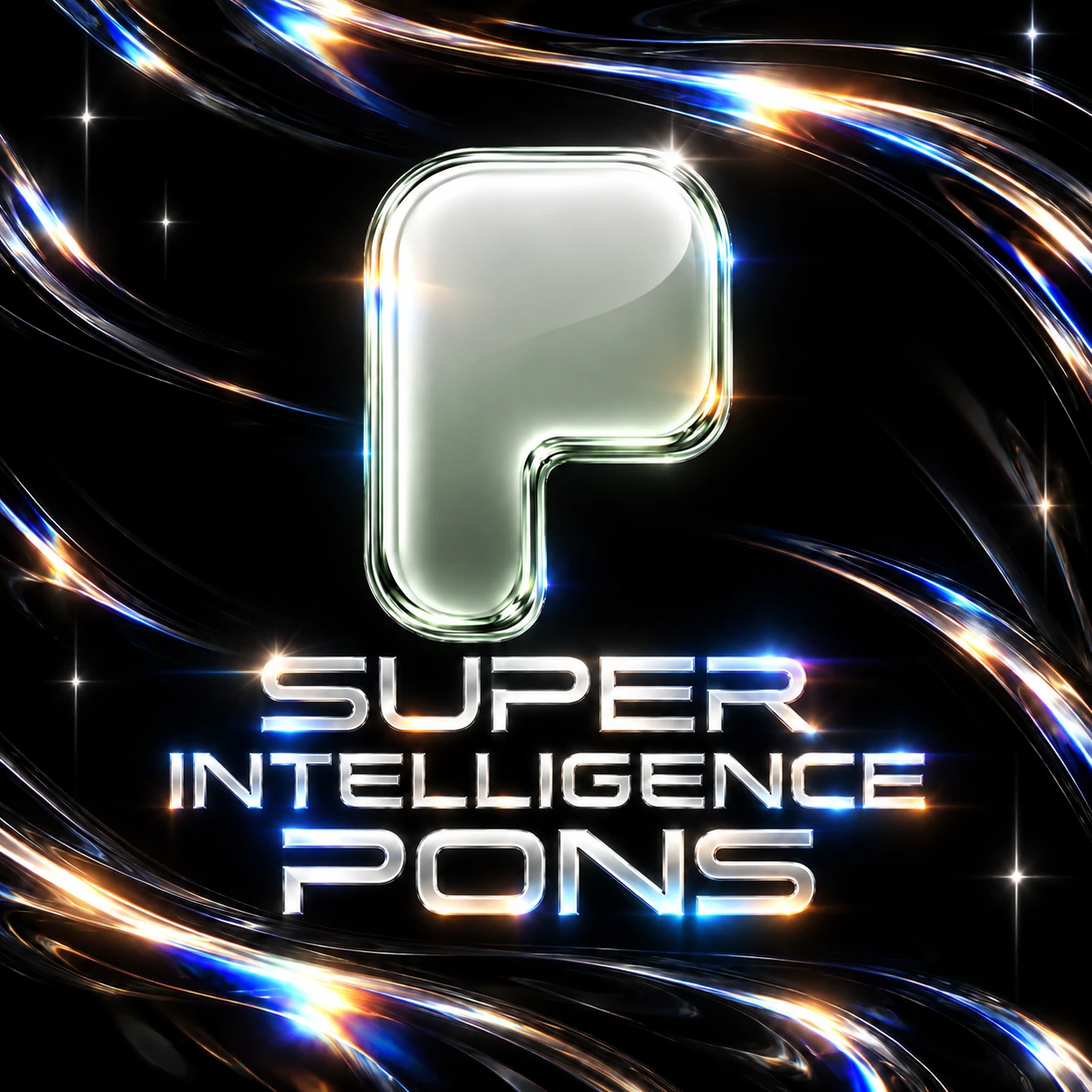 SUPER INTELLIGENCE PONS chrome P artwork with blue and orange highlights